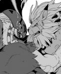 beard duo facial_hair male mane muscular nipples kmd023 bandai_namco digimon digimon_(species) garudamon leomon monochrome