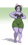 anthro biped bra breasts clothed clothing digital_media_(artwork) ear_piercing felid female hair kittydee mammal multicolored_hair navel piercing simple_background solo standing tongue tongue_out two_tone_hair underwear wide_hips