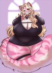 anthro bell big_breasts breasts cleavage clothed clothing curvy_figure dress eyebrow_through_hair eyebrows eyelashes female fur hair huge_breasts huge_hips huge_thighs legband long_hair looking_at_viewer markings narrowed_eyes obese obese_anthro obese_female overweight overweight_anthro overweight_female pink_body pink_fur pink_tail solo striped_body striped_fur striped_markings striped_tail stripes tail tail_markings thick_thighs thighband topwear translucent translucent_hair voluptuous white_body white_fur white_tail wide_hips ezukapizumu marzipan_(spottedtigress) felid mammal pantherine tiger 2024 artist_name hi_res portrait three-quarter_portrait watermark