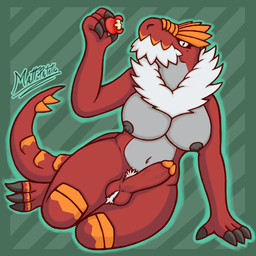 4_fingers anthro apple balls big_breasts breasts claws fingers food fruit genitals gynomorph holding_object intersex looking_at_viewer markings mole_(marking) navel neck_tuft nipples penis plant pubes red_body simple_background solo tuft matt_patetic nintendo pokemon fossil_pokemon generation_6_pokemon pokemon_(species) tyrantrum 1:1