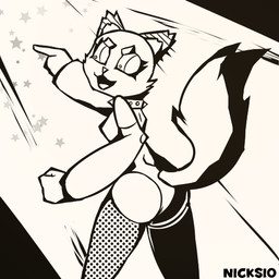 anthro breasts butt cheek_tuft clothed clothing collar ear_tuft eyebrows eyelashes facial_tuft female fluffy fluffy_tail furrowed_eyebrows gesture hand_gesture legwear leotard open_mouth open_smile pointing pointy_ears prick_ears smile solo spiked_collar spikes tail thigh_highs triangle_nose tuft nicksio 1:1 low_res monochrome portrait three-quarter_portrait