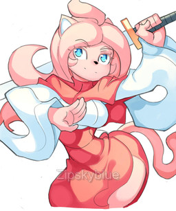 anthro blue_eyes female fur melee_weapon pink_body pink_fur slit_dress solo sword tail weapon zipskyblue meredith_(zipskyblue) felid feline mammal 5:6 hi_res