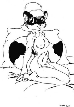 anthro bed biped breasts disability female furniture hair kneeling nipples nude pillow pose solo michele_light rachelle_(character) mammal procyonid raccoon 1997 black_and_white monochrome
