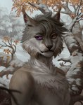 anthro cheek_tuft chest_tuft eyelashes facial_tuft fur glistening glistening_eyes grey_body grey_fur grey_hair grey_inner_ear_fluff hair heterochromia inner_ear_fluff male mouth_closed neck_tuft nude orange_eyes outside plant pupils purple_eyes short_hair slit_pupils snow solo tree tuft whiskers marie_merkh felid mammal absurd_res artist_name bust_portrait hi_res portrait signature