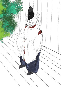 anthro asian_clothing biped bottomwear clothed clothed_anthro clothed_male clothing detailed_background east_asian_clothing eboshi fur hakama headgear headwear high-angle_view japanese_clothing kariginu leaf male male_anthro plant priest religion shrub solo standing three-quarter_view white_body white_clothing white_fur wide_sleeves b-w-d shinto canid canine fox mammal 2022 digital_media_(artwork) japanese_description