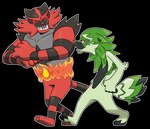 ambiguous_gender biped black_body black_fur duo eyes_closed fire fur green_body green_fur grey_body grey_fur leaf leaf_hair plant plant_hair pseudo_hair red_body red_eyes red_fur sharp_teeth simple_background striped_body striped_fur stripes teeth tongue transparent_background joeadok fakemon nintendo pokemon generation_7_pokemon incineroar pokemon_(species) alpha_channel