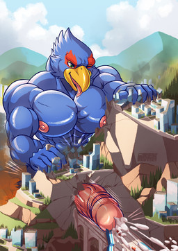 anthro beak blue_body bodily_fluids car city cum cum_on_ground destruction erection genital_fluids genitals green_eyes humanoid_genitalia humanoid_penis macro male muscular muscular_male orgasm penetration penis tongue tongue_out tunnel vehicle daru_brek nintendo star_fox falco_lombardi avian bird mammal absurd_res hi_res