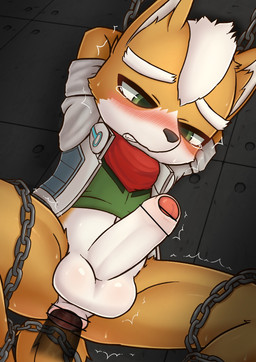 anal anal_penetration anthro anus balls blush bodily_fluids bound censor_bar chain chibi clenched_teeth clothed clothing clothing_lift countershading disembodied_penis duo erection foreskin fur genitals green_eyes hands_behind_head ineffective_censorship jacket kemono kerchief legs_tied male male/male penetration penis questionable_consent shirt shirt_lift solo_focus spreading suspension tears teeth topwear translucent translucent_penis yousan nintendo star_fox fox_mccloud canid canine fox mammal censored hi_res