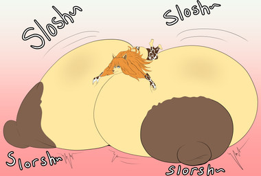 animal_print animal_print_bikini anthro areola big_breasts bikini breast_expansion breasts brown_nipples butt clothed clothing cow_print cow_print_bikini expansion eyeshadow female fur hair huge_breasts hyper hyper_breasts looking_down lying lying_on_breasts lying_on_own_breasts lying_on_self makeup nipples on_front orange_hair pattern_bikini pattern_clothing pattern_swimwear simple_background sloshing_breasts solo swimwear tan_body tan_fur text thick_thighs two-piece_swimsuit guydude01 undertale_(series) undertale_yellow ceroba_ketsukane canid canine canis fox mammal absurd_res digital_media_(artwork) hi_res