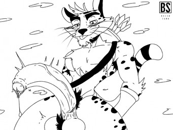 anthro armpit_hair arrow_(weapon) ball_tuft balls blush bodily_fluids body_hair dripping genital_fluids genitals half-erect loose_foreskin male musk penis precum precum_drip pubes pubes_in_foreskin ranged_weapon solo thick_thighs throbbing throbbing_balls throbbing_penis tongue tongue_out tuft weapon bacon_sama activision spyro_the_dragon hunter_(spyro) cheetah felid feline mammal hi_res monochrome