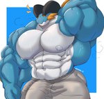 abs absurd_res anthro big_arms big_muscles big_pecs black_eyes blue_background blue_body blue_skin blush border bottomwear bulge clothed clothing detailed_bulge ellipsis fin front_view generation_3_pokemon genital_outline hand_behind_head hi_res huge_muscles hyper hyper_muscles looking_down male muscular muscular_arms muscular_male navel nintendo nipples orange_sclera pants pecs penis_outline pokemon pokemon_(species) raised_arm robinmg_45 simple_background solo standing swampert sweatpants topless vein wet white_background white_body white_border white_nipples white_skin