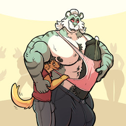 abs anthro arm_around_partner armpit_fetish armpit_hair armpit_sniffing balls big_balls big_bulge big_muscles big_pecs big_penis bodily_fluids body_hair bottomwear bulge chest_hair clothed clothing duo fangs fluffy fluffy_tail fully_clothed genital_fluids genitals glans hug huge_balls huge_bulge huge_penis humanoid_genitalia humanoid_penis hyper hyper_balls hyper_genitalia hyper_penis ineffective_clothing larger_male leaking_precum looking_down looking_down_at_partner looking_pleasured male male/male muscular muscular_arms muscular_male nipples pants pecs penis precum pubes red_sclera shirt size_difference smaller_male smile sniffing standing t-shirt tail tank_top teeth topwear joebluefox background_character joe_(joebluefox) canid canine canis domestic_dog felid mammal pantherine tiger 1:1 absurd_res hi_res
