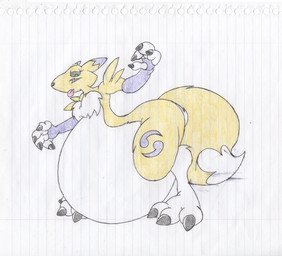 anthro belly big_belly claws female fur inflation overweight solo yellow_body yellow_fur virus-20 bandai_namco digimon digimon_(species) renamon 2012 traditional_media_(artwork)