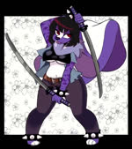 anklet anthro belt big_ears big_tail black_clothing black_topwear bottomwear bouncing_breasts bracelet breasts brown_belt clothed clothed_anthro clothed_female clothing dual_wielding ears_down female fingers floppy_ears front_view fur hair holding_katana holding_melee_weapon holding_object holding_sword holding_weapon jewelry legband melee_weapon midriff multicolored_body multicolored_fur navel open_mouth pants pivoted_ears purple_body purple_fur red_eyes solo spiked_anklet spiked_bracelet spiked_legband spikes standing sword tail teeth topwear two_tone_body two_tone_fur under_boob weapon white_body white_fur qwerty_soda wendy_(snowradish) hybrid lagomorph leporid mammal mephitid rabbit skunk 2022 2d_animation animated digital_media_(artwork) full-length_portrait loop motion_tweening no_sound portrait webm