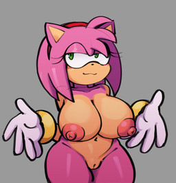 accessory anthro big_breasts blush bracelet breasts clothing eyelashes female genitals gloves green_eyes hair_accessory hairband handwear jewelry narrowed_eyes nipples pink_body pink_nipples smile smirk solo tan_body tan_skin vulva bcaus4rt sega sonic_the_hedgehog_(series) amy_rose eulipotyphlan hedgehog mammal hi_res