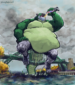 belly big_belly bridge city cityscape cloud cloudy_sky destruction_of_property drinking extreme_size_difference macro male mechanical_leg obese overweight pecs sitting size_difference sky solo aokamidu grockle dinosaur kaiju ornithischian prehistoric_species reptile scalie stegosaurian thyreophoran hi_res