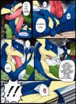 3_fingers anal anal_fingering anal_masturbation anal_penetration anthro anus balls blue_body bodily_fluids colored comic cum cum_on_ground dialogue duo english_text erection fingering fingering_self fingers forest fur generation_4_pokemon generation_6_pokemon genital_fluids genitals greninja heart_symbol hi_res kivwolf looking_pleasured lucario male male/male male_penetrated masturbation membrane_(anatomy) nintendo outside penetration penis plant pokemon pokemon_(species) red_eyes redoxx saliva shocked shrub teeth text third-party_edit tongue tongue_out tree webbed_hands