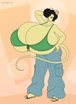 anthro baggy_jeans big_breasts black_hair bottomwear breasts clothing copyright_symbol denim denim_bottomwear denim_clothing female footwear green_eyes hair hand_behind_head hand_on_hip huge_breasts hyper hyper_breasts jeans one_eye_obstructed oversized_bottomwear oversized_clothing oversized_pants pants sandals shoes smile smiling_at_viewer solo symbol tail topwear triangle_bikini satsumalord gina_(satsumalord) mammal mouse murid murine rodent 2024 digital_media_(artwork) hi_res