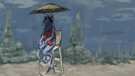 anthro beach beach_chair blue_body blue_fur blue_sky clothing cloud detailed_background evergreen_tree female forest forest_background fur lifeguard lifeguard_chair looking_at_viewer nature nature_background outside pine_tree plant red_clothing sitting sky solo tail tree umbrella jeri_kleinlowe equid equine horse mammal 16:9 2024 colored hi_res widescreen