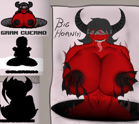 abs big_breasts black_body black_hair black_horn black_nipples black_skin blind blindfold blood blood_on_clothing bodily_fluids breast_grab breasts claws clothing covered_eyes crossgender disability female grabbing_own_breast grey_hair hair hand_on_breast hole_(pit) horn lactating long_hair long_tongue looking_at_viewer nipples red_body red_skin sharp_teeth smile smiling_at_viewer solo teeth tongue tongue_out touching_self unusual_bodily_fluids unusual_lactation wide_hips wounded nahuelcorner the_binding_of_isaac_(series) big_horn_(tboi) demon humanoid hi_res