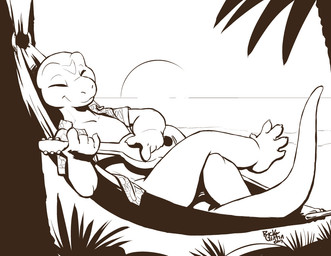 5_fingers acoustic_guitar anthro barefoot biped bottomless casual_exposure claws clothed clothing crossed_legs eyes_closed feet fingers guitar hammock lying male musical_instrument on_back open_clothing outside palm_tree partially_clothed plant playing_guitar playing_music plucked_string_instrument sky smile solo string_instrument summer sun sunset tree rick_griffin lizard reptile scalie 2017 black_and_white monochrome sketch