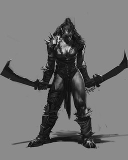 armor boots breasts cleavage clothed clothing dual_wielding female footwear front_view hair holding_melee_weapon holding_object holding_sword holding_weapon humanoid_pointy_ears melee_weapon not_furry pauldron pointy_ears shoes solo standing sword weapon bayard_wu humanoid orc 2016 greyscale monochrome