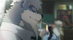 anthro biped blue_body blue_fur cigarette cigarette_in_mouth eyes_closed eyewear fur glasses lighter male object_in_mouth solo wearing_glasses white_body white_fur jaxdoggo_ig canid canine canis mammal wolf 2024 hi_res