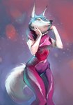 anthro breasts countershading female fluffy fluffy_tail small_breasts smug solo spacesuit standing tail tall slappyshottest illumination_entertainment sing_(movie) porsha_crystal canid canine canis mammal wolf hi_res