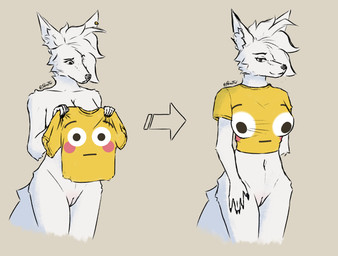anthro bedroom_eyes big_breasts big_ears big_hair biped black_claws bottomless breasts claws cleavage clothed clothed_anthro clothed_female clothing collarbone confusion dressing ear_piercing eyebrow_through_hair eyebrows eyelashes female fur genitals gold_piercing grey_background hair hand_behind_back hand_on_hip holding_clothing holding_object industrial_piercing midriff narrowed_eyes navel partially_clothed piercing seductive shirt shirt_only simple_background solo standing t-shirt tail topwear topwear_only translucent translucent_hair vulva white_body white_fur white_hair yellow_piercing conditional_dnp shirufox bulging_smiley_shirt_meme flushed_emoji_shirt_meme meme_clothing shiru_(shirufox) arctic_fox canid canine fennec_fox fox hybrid mammal true_fox absurd_res hi_res meme