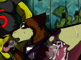 anthro balls bodily_fluids bottomless brown_body brown_fur clothed clothing cum cum_in_mouth cum_inside duo erection fellatio fur genital_fluids genitals humanoid_genitalia humanoid_penis locker locker_room male male/male multicolored_body multicolored_fur oral penile penis pink_penis sex two_tone_body two_tone_fur white_body white_fur yellow_balls yellow_body yellow_fur qmanshark canid canine mammal 4:3