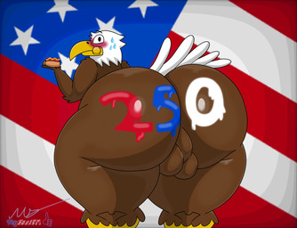 anthro balls beak big_butt blush bodily_fluids brown_body brown_feathers bubble_butt butt eating eating_food feathers food genitals holidays hot_dog huge_butt looking_at_viewer male paint paint_on_butt pose solo sweat tail tail_feathers thick_thighs united_states_of_america wide_hips mgdire671 4th_of_july american_eagle accipitrid accipitriform avian bald_eagle bird eagle sea_eagle 2026 absurd_res digital_media_(artwork) hi_res pinup