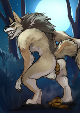 bodily_fluids feces forest full_moon male moon plant pooping saliva solo teeth tree torakuta canid canine canis coyote mammal werecanid werecanine werecoyote werecreature hi_res