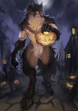 anthro black_body black_fur brown_body brown_fur building candy_bucket claws cloud cobblestone dewclaw fangs fence fullmoon fur holding_object holidays hooves house jack-o'-lantern male night plant pointy_ears solo street_lamp tail teeth tree trick-or-treating walking yellow_eyes laobai halloween bai_(laobai) canid hybrid mammal absurd_res hi_res