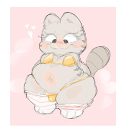 :3 anthro belly bikini bikini_thong blush bodily_fluids border bubble bulge clothing eyelashes fur gold_bikini grey_body grey_fur hands_behind_back legwear looking_down male markings navel overweight pink_nose pube_peek pubes pupils shortstack shortstack_male smile snot snot_bubble solo standing striped_markings stripes swimwear tail thigh_highs two-piece_swimsuit white_border iigomeow garfield_(series) nermal_(garfield) domestic_cat felid feline felis mammal hi_res