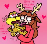 anthro antlers big_cheeks buckteeth butt butt_grab duo female french_kissing hand_on_butt heart_eyes heart_symbol horn kissing male male/female orange_body simple_background teeth text tongue tongue_out hylesannei gaturro_(series) gaturro renita_reed_(character) deer domestic_cat felid feline felis mammal new_world_deer reindeer spanish_text translated