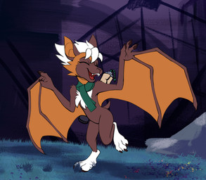 3_fingers 3_toes anthro bat_ears bat_tail bat_wings brown_body brown_fur claws eyes_closed fangs feet female fingers fur fur_tuft gesture grass green_scarf hair membrane_(anatomy) membranous_wings night open_mouth orange_body orange_fur outside plant scarf scroll solo teeth toes tuft walking waving white_body white_fur white_hair wings wings_instead_of_hands tf-sential fan_character bat mammal hi_res
