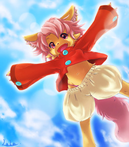 anthro blue_sky clothing female fur hair kemono lantern_pants looking_at_viewer open_mouth pink_hair red_clothing sky solo yellow_body yellow_fur young young_female urekemo 2011 hi_res japanese_description