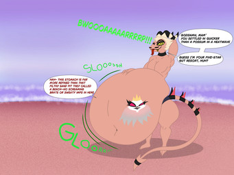 2_toes abdominal_bulge anthro anthro_prey beach beach_wear belly belly_overhang big_belly black_clothing black_thong black_underwear breasts burping burping_while_talking claws clothed clothed_male clothed_pred clothing concentric_irises cowboy cream_hair detailed_background dialogue digestion_noises digitigrade duo facial_hair fangs feet female female_prey finger_claws glorp gold_(metal) gold_tooth hair hand_behind_back hand_behind_head horn huge_belly humanoid_pred lounging male male_pred markings medium_breasts motion_lines muscular muscular_humanoid muscular_male muscular_pred mustache navel onomatopoeia pecs pencil_mustache reclining royalty rumbling_stomach same_size_vore sharp_teeth size_difference sloshing_belly smaller_pred sound_effects spade_tail speech_bubble spiked_tail spikes spikes_(anatomy) standing striped_horn striped_markings striped_tail stripes tail tail_markings talking_to_another talking_to_prey tan_body tan_skin tattooification teeth text thong thong_only three-quarter_view toe_claws toes tongue tongue_out topless underwear underwear_only vore vore_tattoo willing_pred willing_prey mandro22 reigntheweremunk hellaverse helluva_boss spindlehorse_toons stella_(helluva_boss) striker_(helluva_boss) avian avian_demon bird bird_demon demon demon_humanoid galliform goetia humanoid imp peafowl peafowl_demon phasianid absurd_res artist_collaboration hi_res huge_filesize portrait story story_in_description superabsurd_res three-quarter_portrait