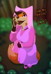 anthro black_lips breasts clothing cosplay dialogue dress female high-angle_view lips looking_at_viewer pawpads pink_clothing pink_dress purple_eyes smile solo text mewmus disney robin_hood_(disney) honey_(mewmus) maid_marian canid canine fox mammal 2021 english_text hi_res