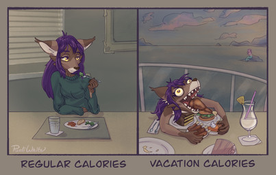 5_fingers alcohol anthro beverage blinds boat brown_body brown_fur cake cake_slice caption clothing cloud cocktail cruise_ship cutlery dessert dieting drinking_straw ear_markings ear_tuft eating female fingers fluffy fluffy_tail food fork fruit fur goofy_smile gorge hair inner_ear_fluff kitchen_utensils knife merchant_ship napkin passenger_ship picky picture_frame pina_colada pineapple plant plate purple_hair sea ship silverware solo split_form spoon stuffing_(food) sunset sweater tail text tools topwear tuft vehicle water watercraft wide_eyed yellow_eyes purliwhite purli canid canine canis domestic_cat felid feline felis hybrid mammal marine merfolk wolf comic english_text hi_res