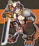 anthro arm_tuft armor balls belly_hair biceps blue_eyes body_hair bottomless chastity_cage chastity_device chest_hair claws clothed clothing collar crouching ear_tuft elbow_tuft exposed feet flaccid fur gauntlets genitals gloves grin hand_on_sword handwear happy_trail harness leaning_on_sword leather leather_harness leggings legwear looking_at_viewer male melee_weapon multicolored_body multicolored_fur muscular muscular_arms muscular_legs muscular_thighs nipples open_mouth pecs penis shoulder_armor smile smiling_at_viewer solo sword triceps tuft vein veiny_penis weapon yellow_collar toastking0210 kuro_(kurothewolf) canid canine canis mammal wolf 2025 absurd_res hi_res