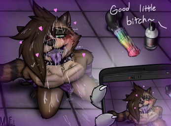 after_anal after_anal_masturbation after_masturbation after_oral anthro bad_dragon_cumlube blush bodily_fluids bulge clothing collar cum cum_in_clothing cum_in_mouth cum_in_underwear cum_inside cum_on_body cum_on_face cum_on_leg cum_through_clothing cum_through_underwear degradation dildo duo ejaculation electronics erection fur genital_fluids kneeling looking_up male male/male nude open_mouth oral phone recording sex_toy sleeves spiked_collar spikes tail tongue tongue_out underwear wet wet_clothing wet_underwear mono-fur bad_dragon chance_(bad_dragon) rosco_(mono-fur) mammal procyonid raccoon absurd_res hi_res