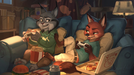 3_toes 4_fingers anthro basement belt beverage_can black_nose blue_clothing blue_shirt blue_sofa blue_t-shirt blue_topwear bottomwear box brown_bottomwear brown_clothing brown_eyes brown_pants burger cheek_stripes cheek_tuft cheese_puffs claws clothed clothing container controller countershade_fur countershade_snout countershading cute_fangs detailed_background digitigrade dipstick_ears dipstick_tail duo ear_markings ear_tuft eye_contact facial_tuft fangs fast_food feet finger_claws fingers food foot_on_shoulder foot_on_thigh fries fully_clothed fur furniture furniture_lamp game_controller gaming gloves_(marking) green_clothing green_eyes green_sweater green_topwear grey_body grey_fur hindpaw holding_controller holding_game_controller holding_object inside leg_markings looking_at_another male male/male male_anthro markings multicolored_ears on_sofa pants pawpads paws pepperoni_pizza pillow pink_nose pizza pizza_box playful_face playing_video_game reclining reclining_on_sofa red_body red_fur shirt sitting sitting_on_sofa smile smiling_at_another smiling_at_each_other snout socks_(marking) sofa sweater t-shirt tail tail_markings tan_bottomwear tan_clothing tan_pants tan_pillow teeth toe_claws toes tongue tongue_out topwear tuft warm_lighting whiskers white_sclera supechips disney zootopia nick_wilde pawbert_lynxley canid canine felid feline fox lynx mammal red_fox true_fox 16:9 2026 absurd_res colored dated digital_media_(artwork) digital_painting_(artwork) hi_res painting_(artwork) shaded signature soft_shading warm_colors widescreen