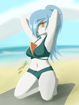 beach bikini blue_hair breasts cleavage clothed clothing female hair hair_over_eye hair_tie_in_mouth hands_behind_head kneeling looking_at_viewer medium_breasts midriff navel not_furry one_eye_obstructed orange_eyes ponytail pose seaside solo summer swimwear two-piece_swimsuit cobra0281 nintendo pokemon alyx_(cobra0281) gardevoir generation_3_pokemon humanoid pokemon_(species) shiny_pokemon 2023 3:4 hi_res signature