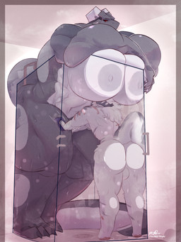 against_surface anthro areola ass_on_glass backsack balls biped breasts breasts_on_glass butt duo female fur genitals glass interspecies larger_female male male/female multicolored_body muscular muscular_female nipples nude on_glass size_difference smaller_male thick_thighs three-quarter_view white_body maxine-dragon-787 mythology canid canine dragon mammal mythological_creature mythological_scalie scalie 3:4 hi_res