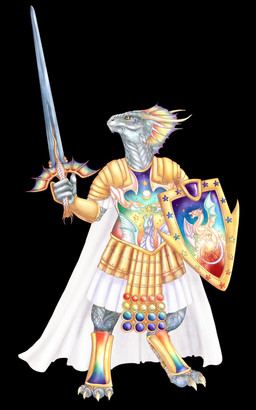 anthro armor claws female frill_(anatomy) horn melee_weapon membrane_(anatomy) membranous_frill paladin shield sword weapon endejester mythology dragon mythological_creature mythological_scalie scalie 5:8 hi_res