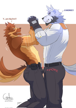 anthro anthro_on_anthro beard belt bottomwear brown_body brown_fur bulge bulge_frottage butt clothed clothing dialogue duo exercise eye_scar eyebrows facial_hair facial_scar fully_clothed fur gloves grey_body grey_fur handwear heart_symbol male male/male muscular muscular_anthro muscular_male onomatopoeia pants scar shirt smile sound_effects talking_to_another teeth text topless topwear workout chief_gilbert heinrich_(chief_gilbert) recht_(chief_gilbert) canid canine canis domestic_dog german_shepherd herding_dog mammal pastoral_dog wolf 2022 artist_name digital_media_(artwork) english_text hi_res signature adopted_(lore) adoptive_brother_(lore) adoptive_sibling_(lore) brother_(lore) brothers_(lore) pseudo_incest_(lore) sibling_(lore)