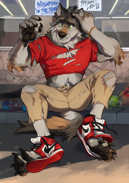 4_toes anthro beverage big_feet black_pawpads brown_body brown_fur clothed clothing confusion expansion feet foot_expansion fur green_eyes grey_body grey_fur growth hand_on_head male midriff multicolored_body muscular muscular_male outside pawpads shoelaces shoelaces_untied sidewalk sitting skateboard solo toes torn_clothing transformation vehicle bigroundlion air_jordan_1 jordan_(brand) mythology nike canid canine mammal mythological_canine mythological_creature werecanid werecanine werecreature werewolf hi_res