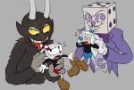 animate_inanimate black_body black_fur bottomwear brother_(lore) brothers_(lore) clothed clothing cuphead_(character) cuphead_(game) demon drinking fleischer_style_toon for_a_head fur gloves group handwear heart_symbol horn king_dice larger_male male mugman object_head pencil_mustache questionable_consent shorts sibling_(lore) size_difference smaller_male the_devil_(cuphead) toony toxic-boner yellow_eyes