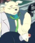 anthro balls belly biped blush bottomwear clothed clothing disembodied_hand duo eyewear fur genitals glasses male masturbation open_clothing open_shirt open_topwear overweight overweight_male pants penis shirt sitting smoking solo_focus topwear white_body white_fur gid_g11 lifewonders tokyo_afterschool_summoners leib_(tas) bear mammal polar_bear ursine 2018 digital_media_(artwork) hi_res